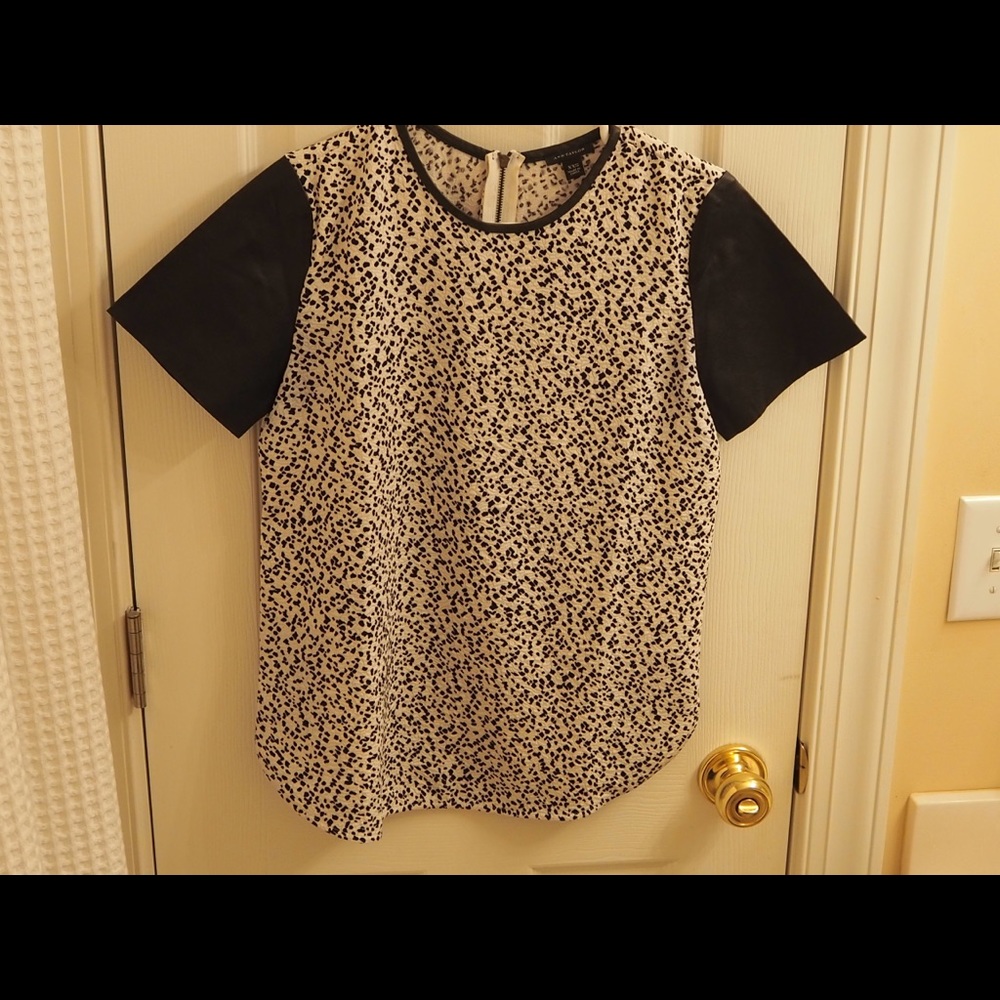 Loft black & white shirt-sleeved blouse with faux leather sleeves